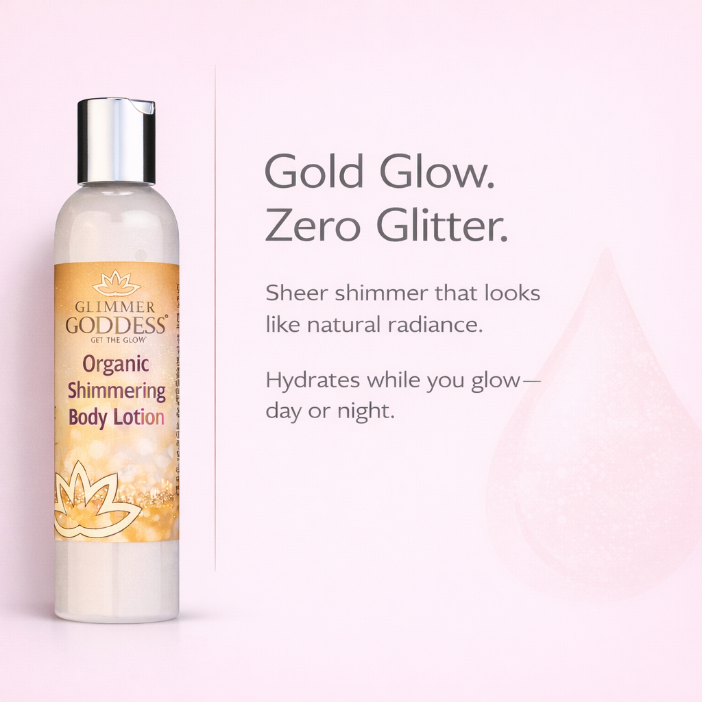 Glimmer Goddess® Organic Gold Shimmer Body Lotion (8 oz) on a solid cotton candy pink background with the headline “Gold Glow. Zero Glitter.” and supporting text about sheer radiance and hydration, with the bottle on the left and a subtle divider line.