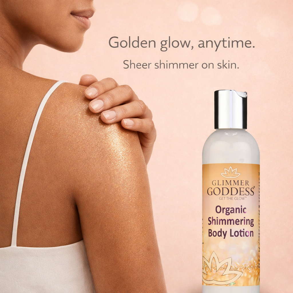 Glittering gold shimmer body lotion by Glimmer Goddess Organic Skin Care, showing a bottle of luminous glow lotion.