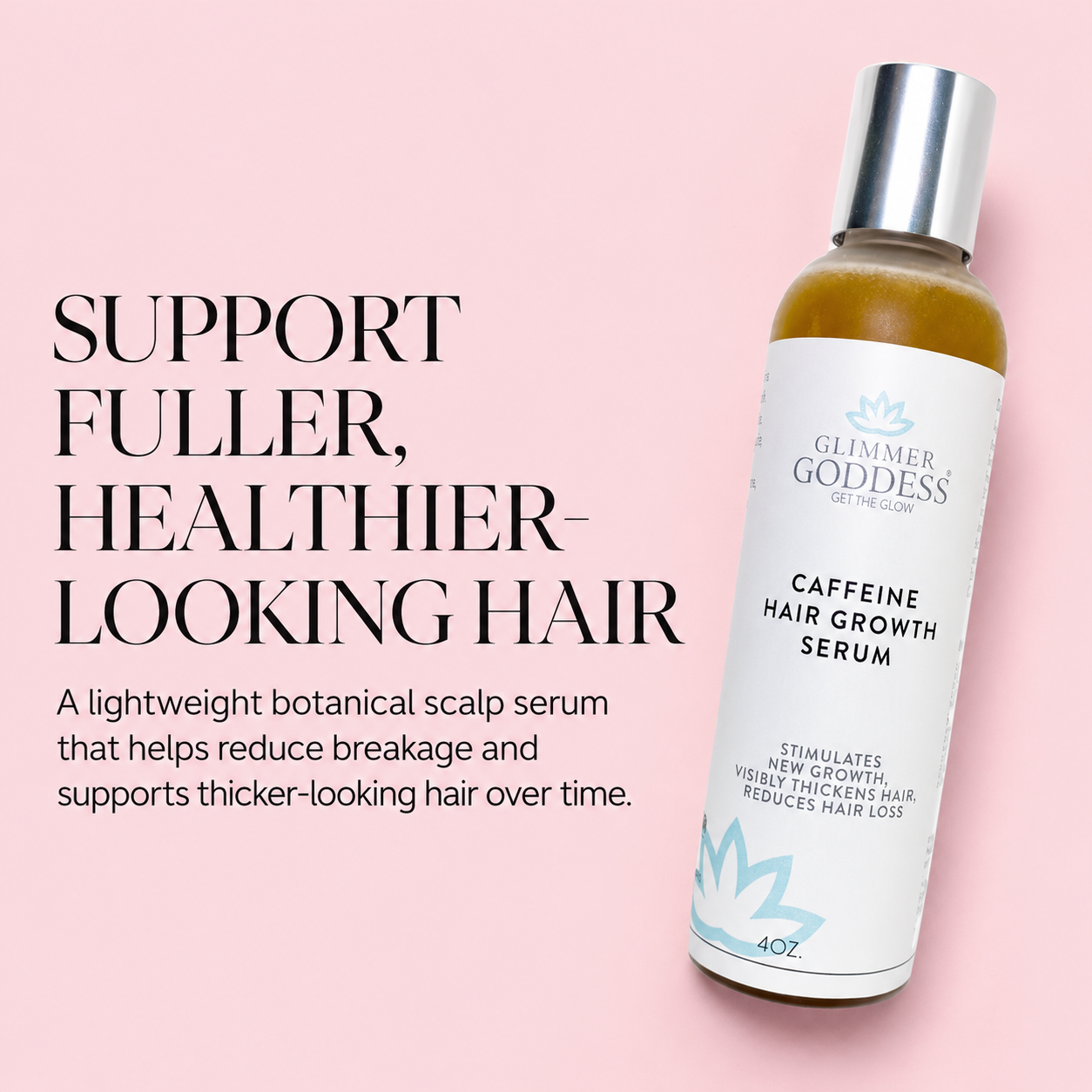 A bottle of Glimmer Goddess Caffeine Hair Growth Serum shown on a soft pink background with promotional text. The bottle has a white label with light blue floral graphics and a reflective silver cap, containing an amber-brown liquid.