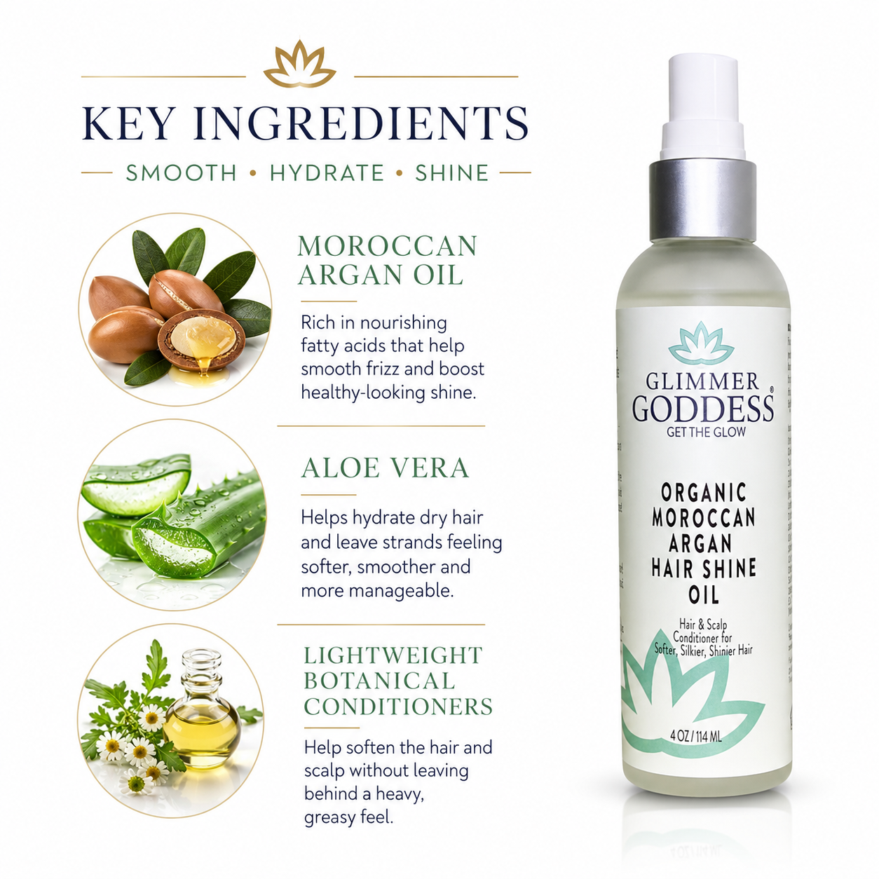 Glimmer Goddess Organic Moroccan Argan Hair Shine Oil bottle shown next to a 'Key Ingredients' infographic detailing Moroccan Argan Oil, Aloe Vera, and botanical conditioners on a white background.
