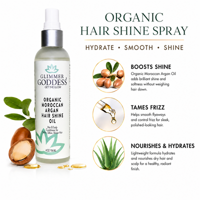Glimmer Goddess Organic Moroccan Argan Hair Shine Oil spray bottle shown on a white background with marketing text and ingredient callouts for Moroccan argan oil, a dropper, and aloe vera.