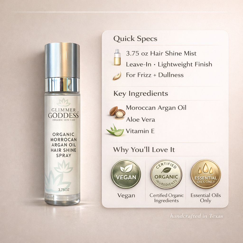 Glimmer Goddess Organic Hair Shine Spray with frizz control and hydration for shiny, smooth hair.