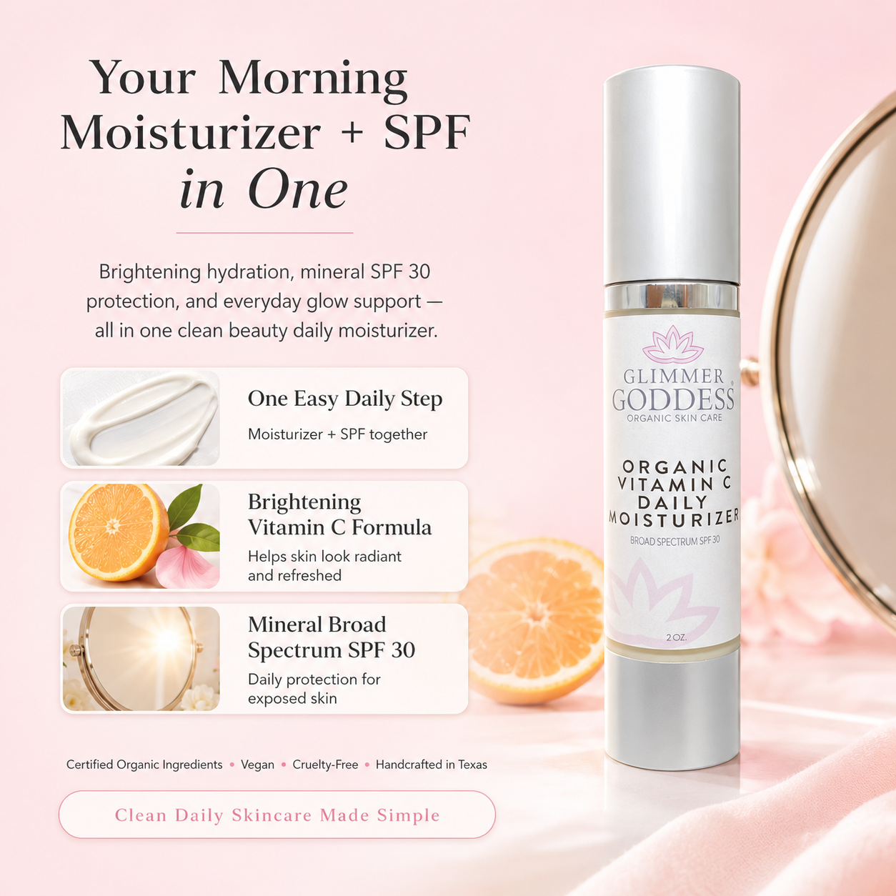Glimmer Goddess Organic Vitamin C Daily Moisturizer with SPF 30, brightening moisturizer for radiant, protected skin.