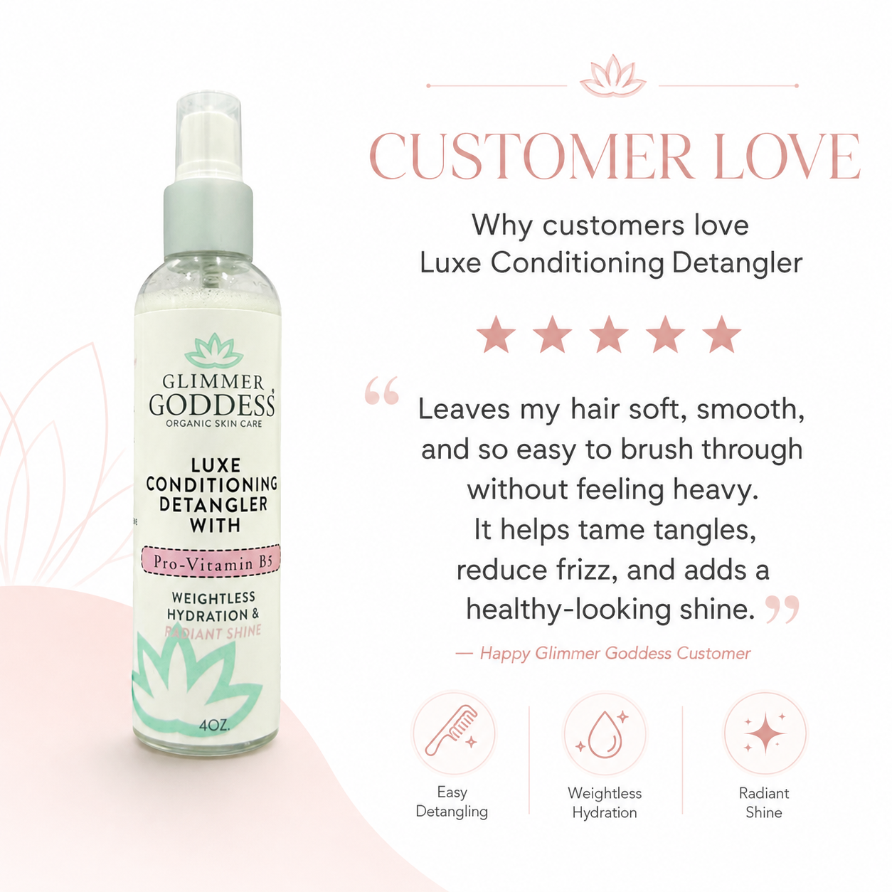 A bottle of Glimmer Goddess Luxe Conditioning Detangler shown on a light pink and white promotional graphic with customer testimonial text, star ratings, and feature icons.