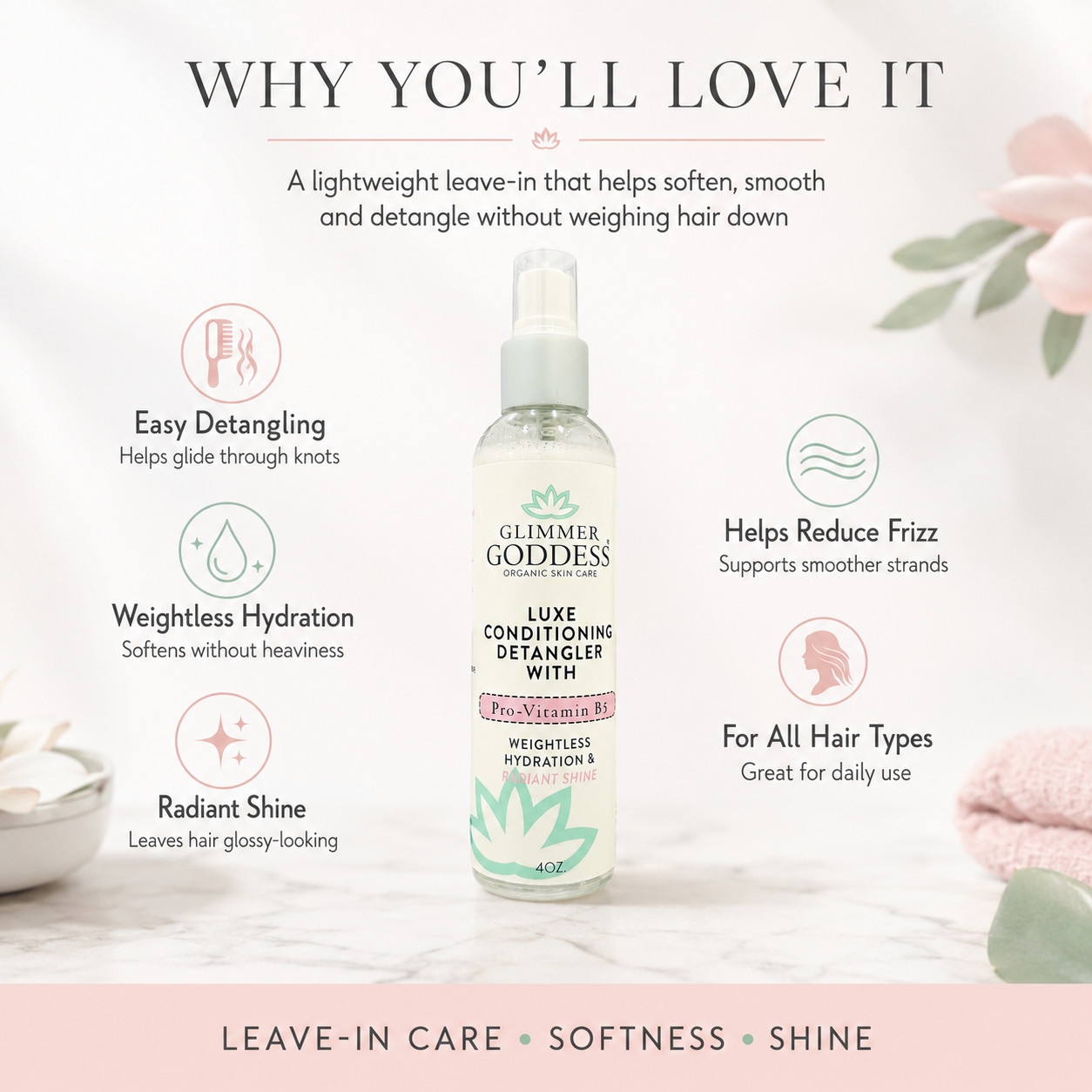 Glimmer Goddess Luxe Conditioning Detangler in a clear plastic bottle with a white and green label, set against a soft, light background with marketing text and icons highlighting its benefits.