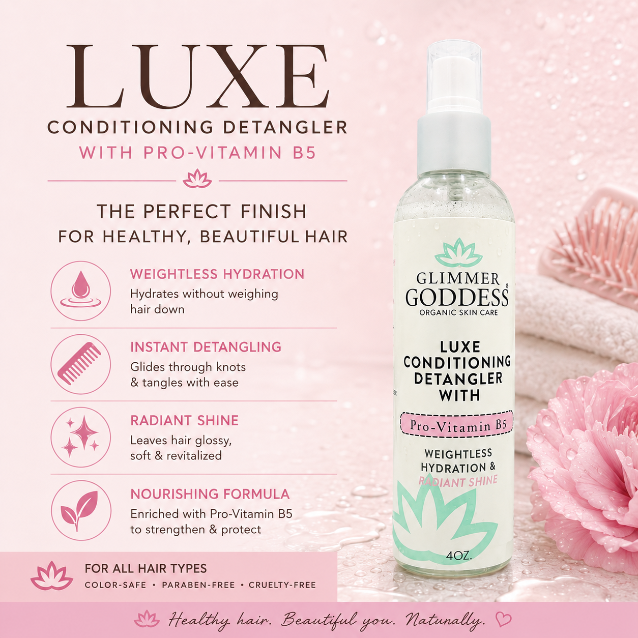 A bottle of Glimmer Goddess Luxe Conditioning Detangler with Pro-Vitamin B5 stands on a pink glittery surface with pink flowers around it. The left side features marketing text and icons about weightless hydration, instant detangling, radiant shine, and nourishing formula.