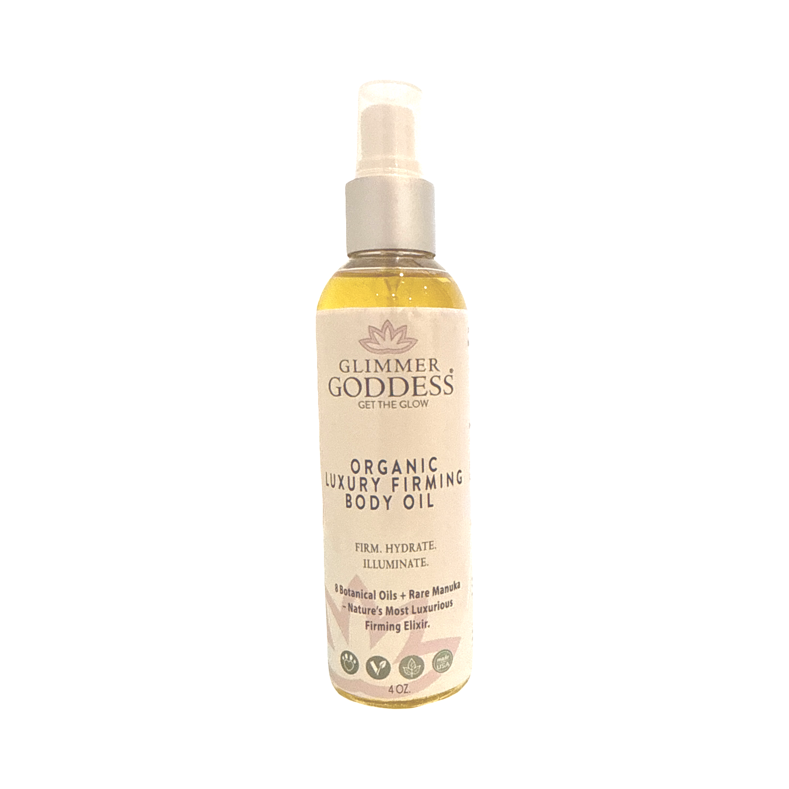 Glimmer Goddess organic luxury firming body oil bottle on a white background