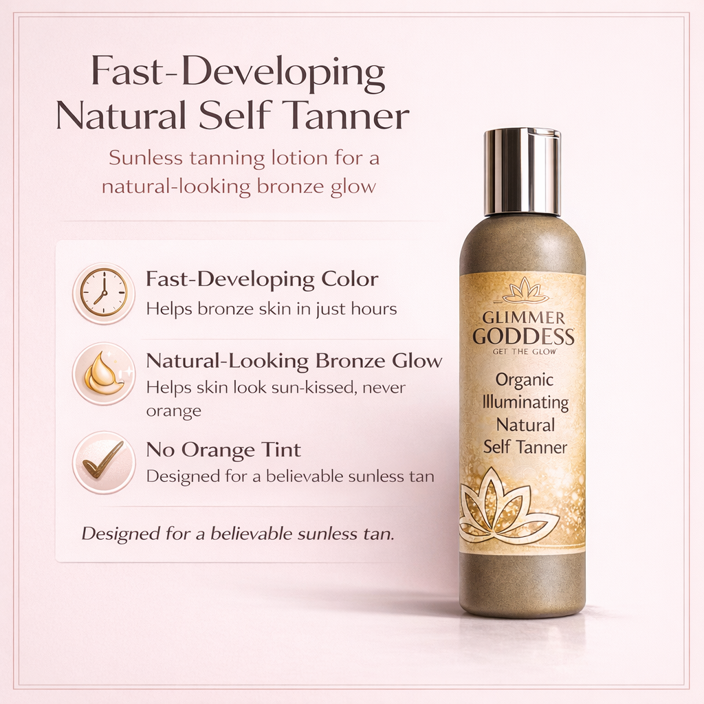 Glimmer Goddess Organic Self Tanner with fast-developing bronze glow, featuring a natural, smooth application on skin.