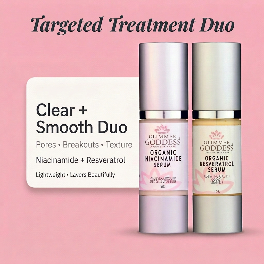 Glimmer Goddess Organic Niacinamide + Resveratrol Serum Duo on a cotton candy pink background with a premium callout for pores, breakouts, and texture, featuring two 1 oz airless pump serums in matching frosted silver bottles.