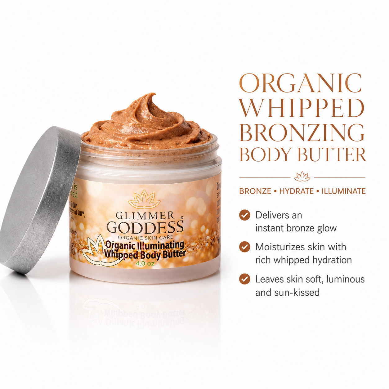 Glimmer Goddess Organic Whipped Bronzing Body Butter jar with its silver lid leaning beside it on a white background, next to product text describing the organic whipped bronzing body butter benefits.