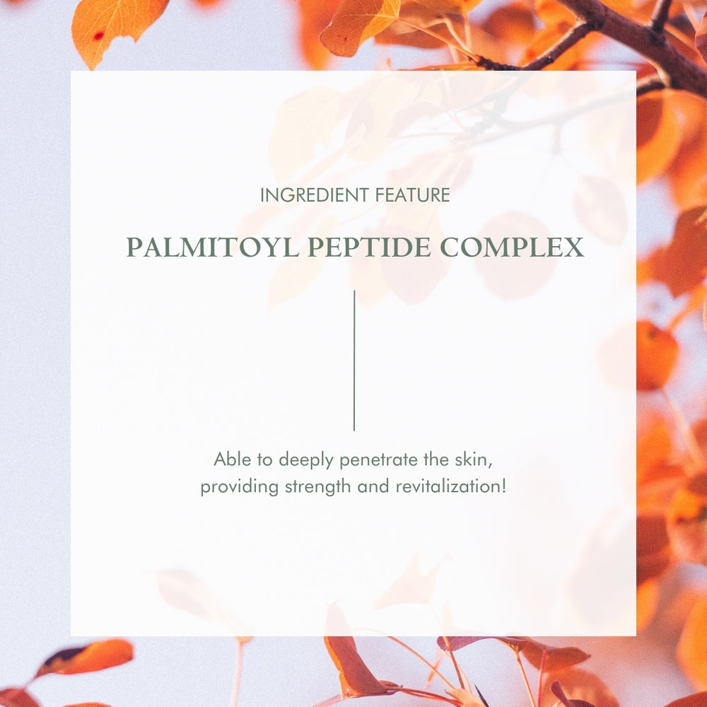 Palmitoyl Peptide Complex ingredient feature with autumn leaves background and skin revitalization text