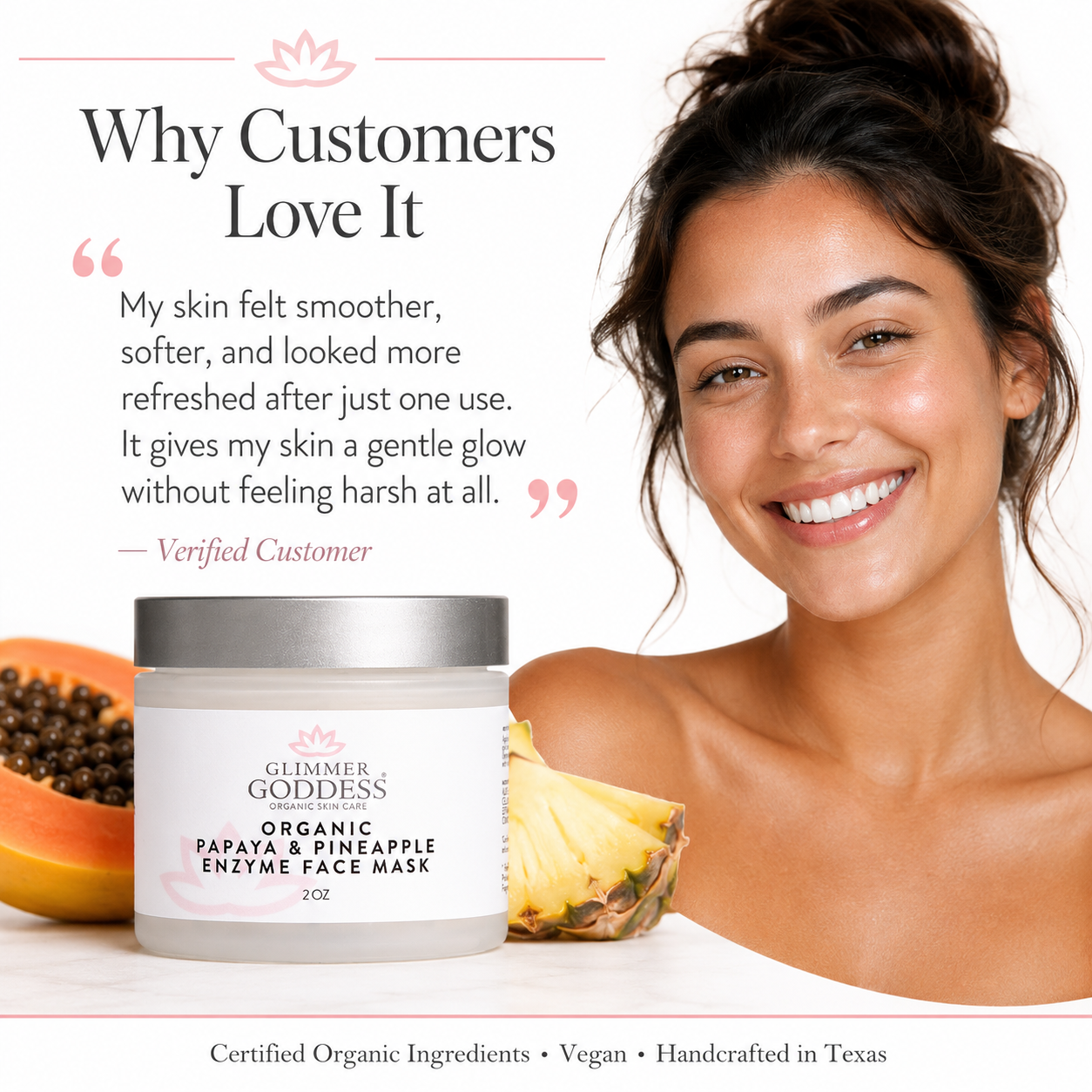 Organic Papaya Pineapple enzyme face mask from Glimmer Goddess® for gentle exfoliation, shown in a skincare treatment image.