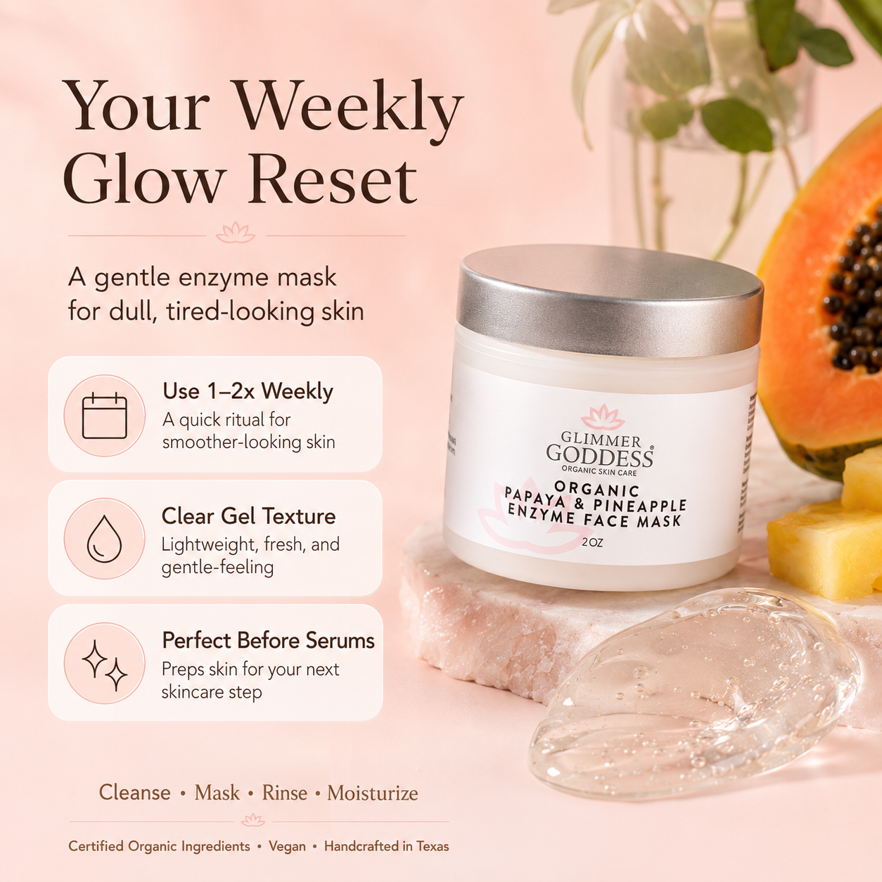 Organic Papaya Pineapple enzyme face mask by Glimmer Goddess® for gentle exfoliating skincare, showing fresh fruit ingredients.