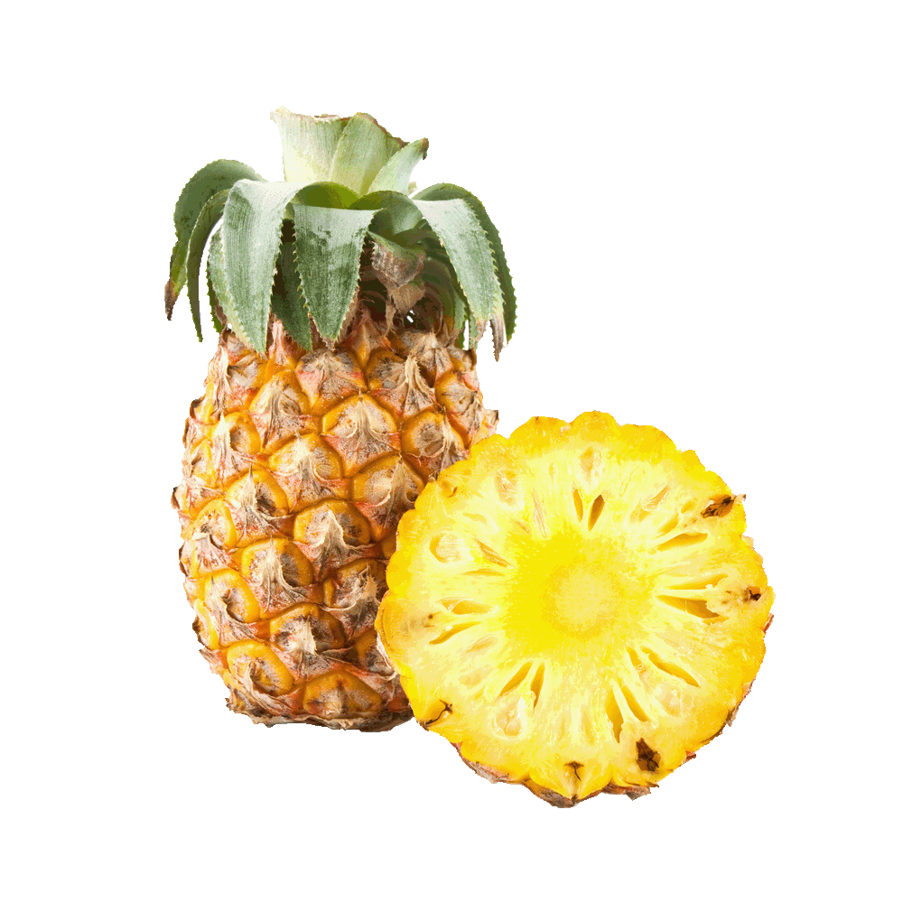 Fresh whole pineapple with a juicy pineapple slice on a white background