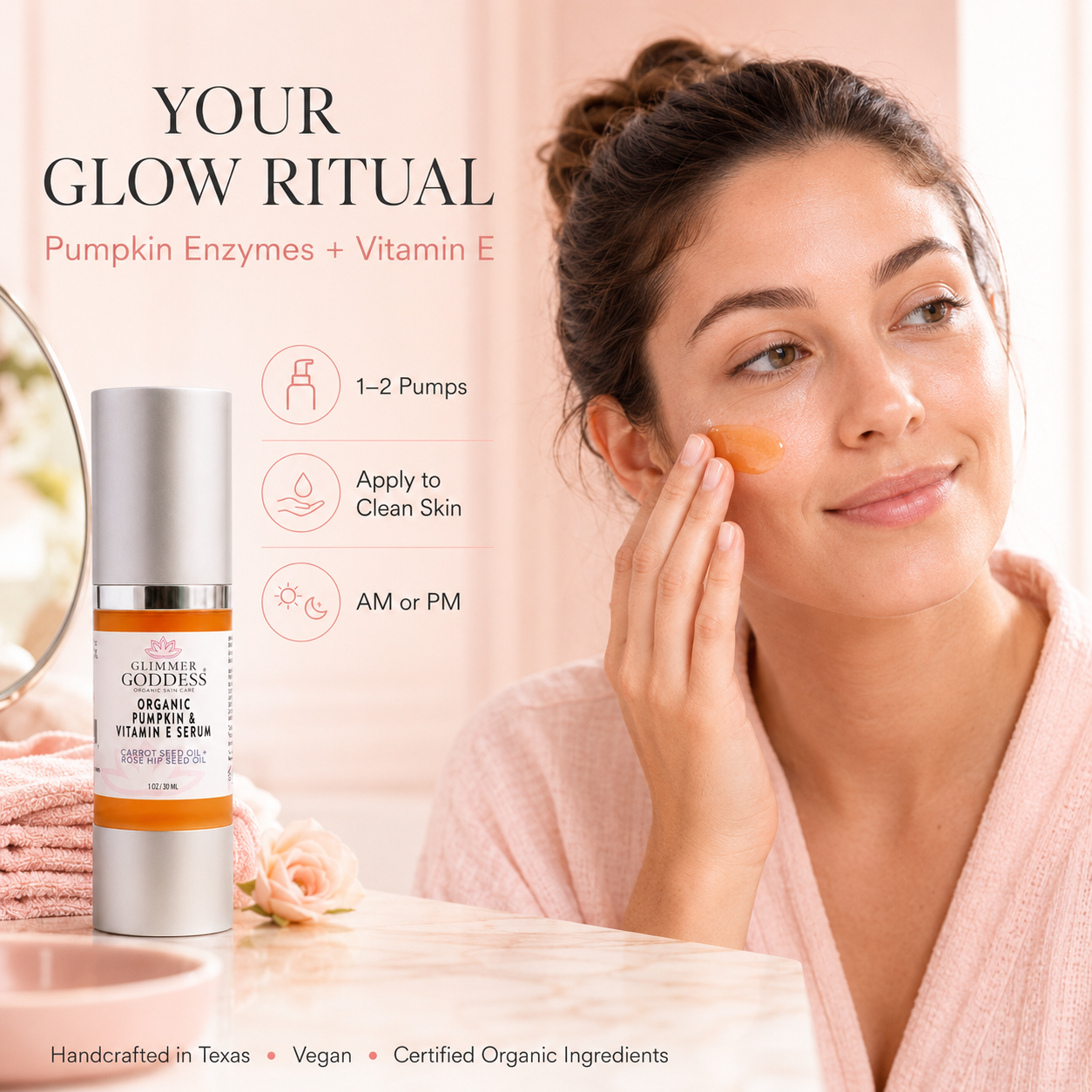Organic pumpkin enzyme serum by Glimmer Goddess® for exfoliating and brightening skin, featuring pumpkin and vitamin E in a serum bottle.