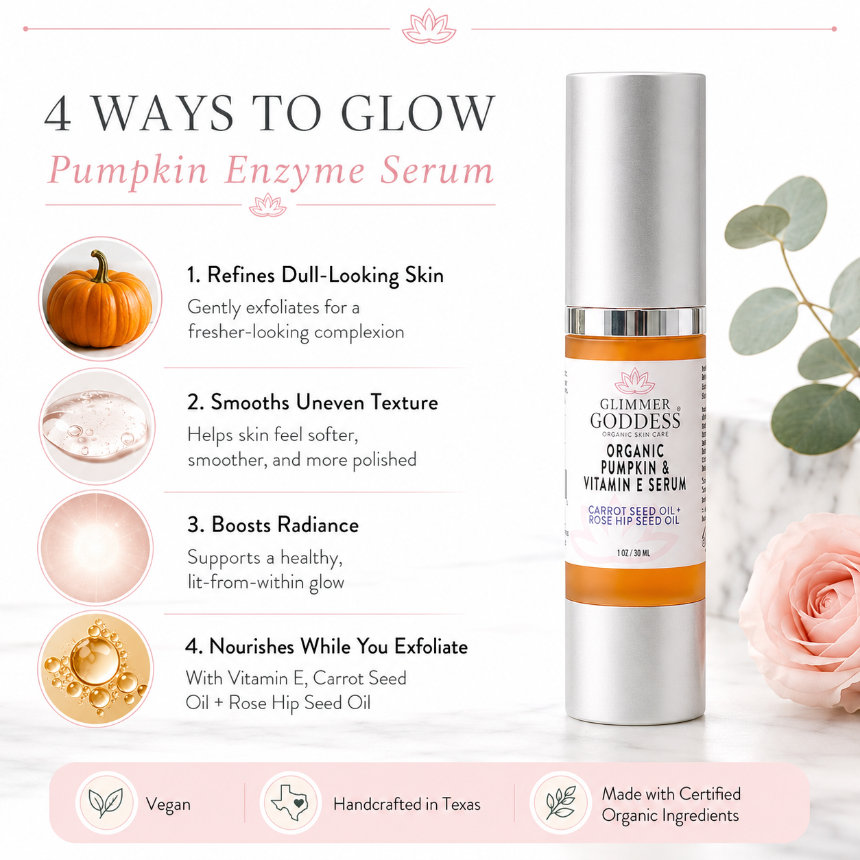 Organic pumpkin enzyme serum by Glimmer Goddess® Organic Skin Care, showing a glass dropper with serum and pumpkin extract.