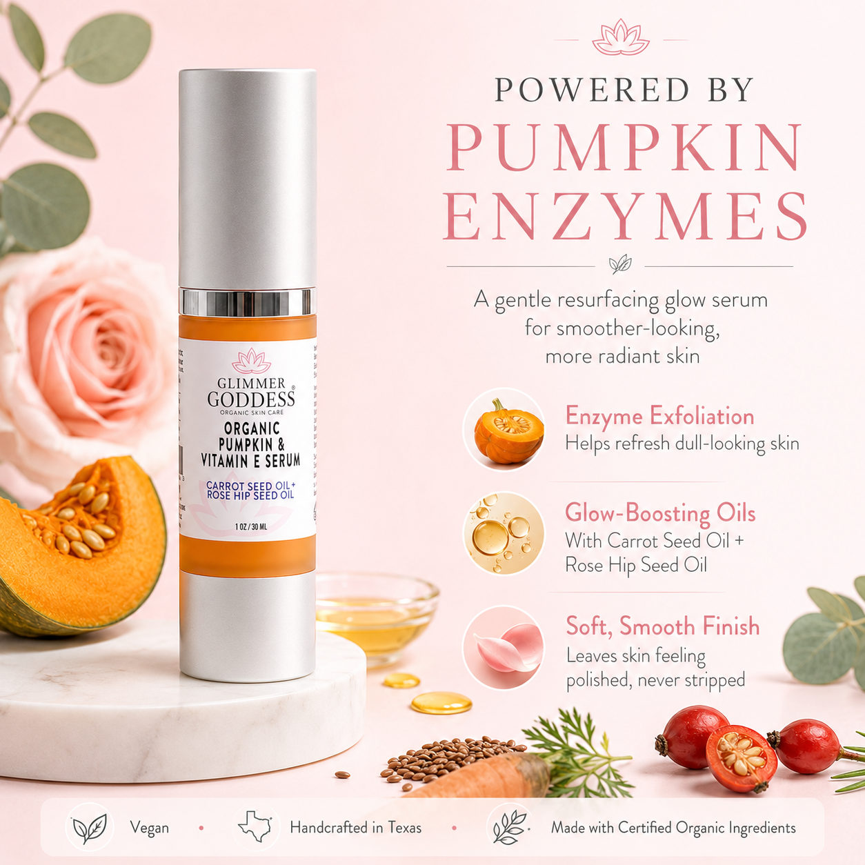 Organic pumpkin enzyme serum by Glimmer Goddess® Organic Skin Care in a dropper bottle, showcasing the exfoliating glow treatment.