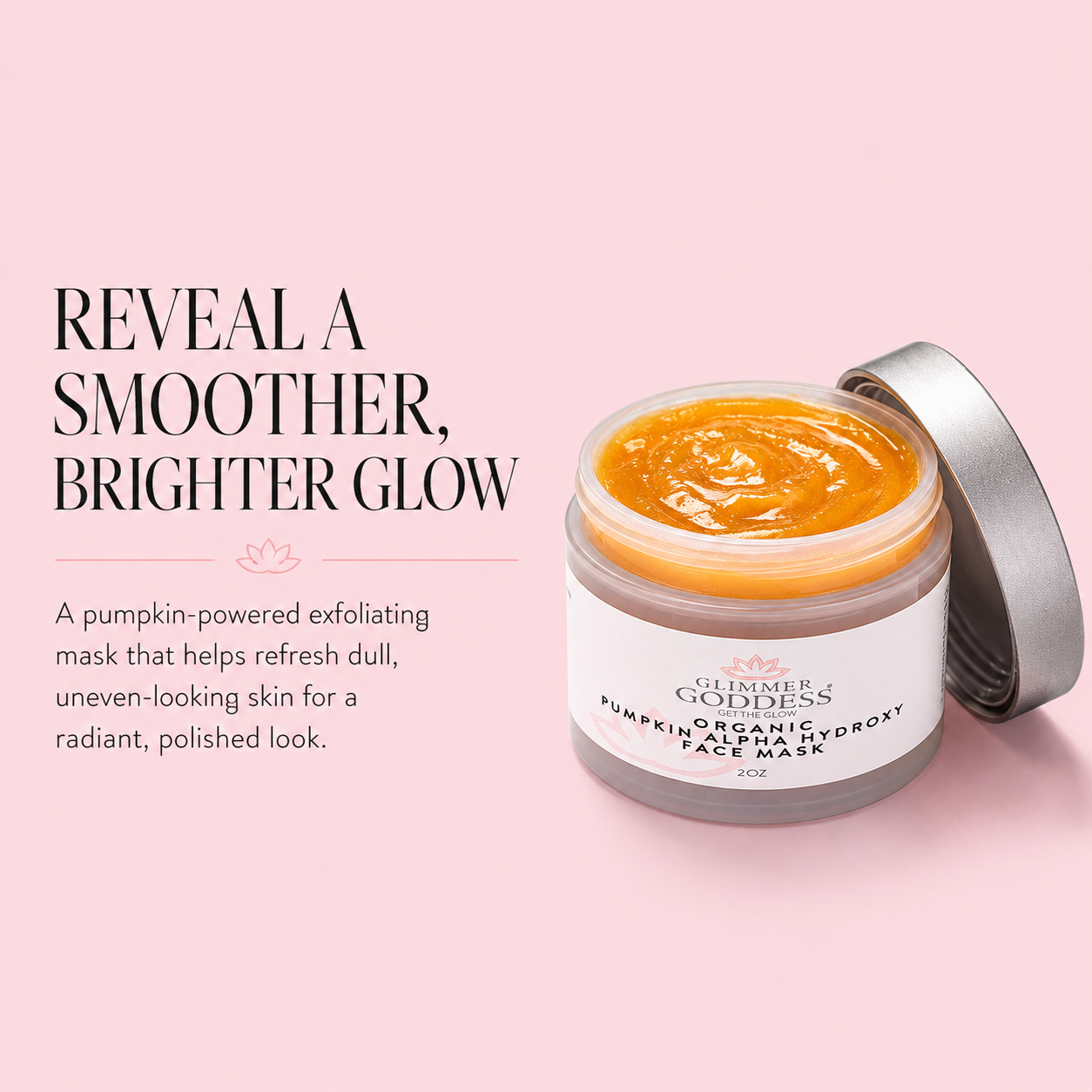 Cliner Goddess Pumpkin Exfoliating Face Mask in a clear jar with its silver lid leaning against it, set against a solid pink background with promotional text on the left.