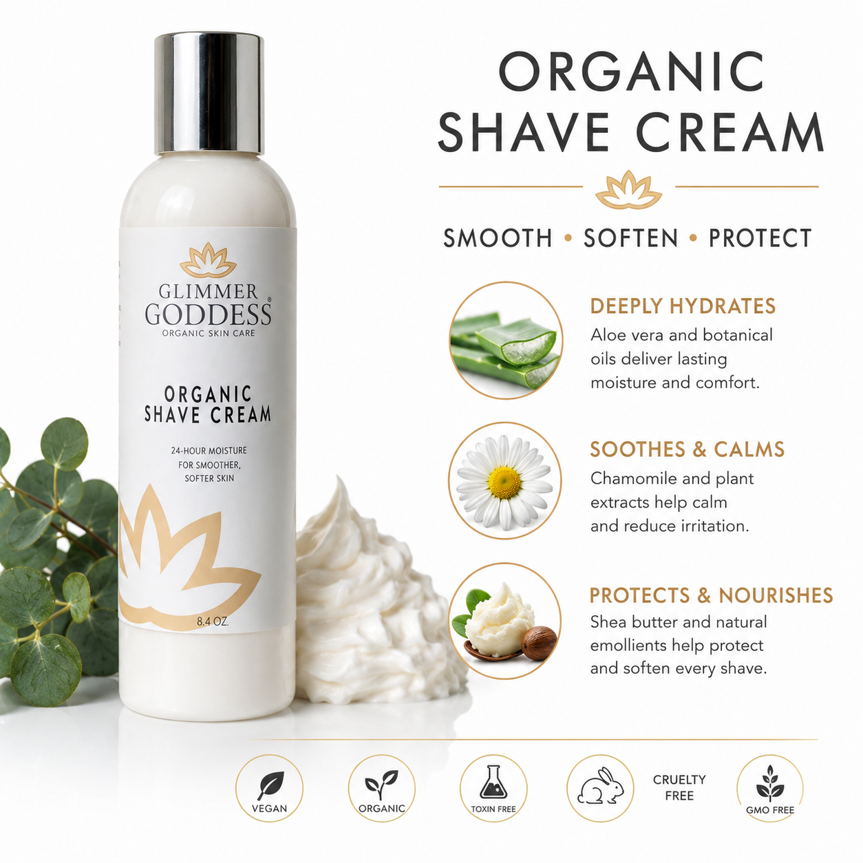 Glimmer Goddess Organic Shave Cream bottle shown on a white background with a dollop of whipped cream, green leaves, and text describing benefits. The bottle is white with a silver cap and gold logo accents.
