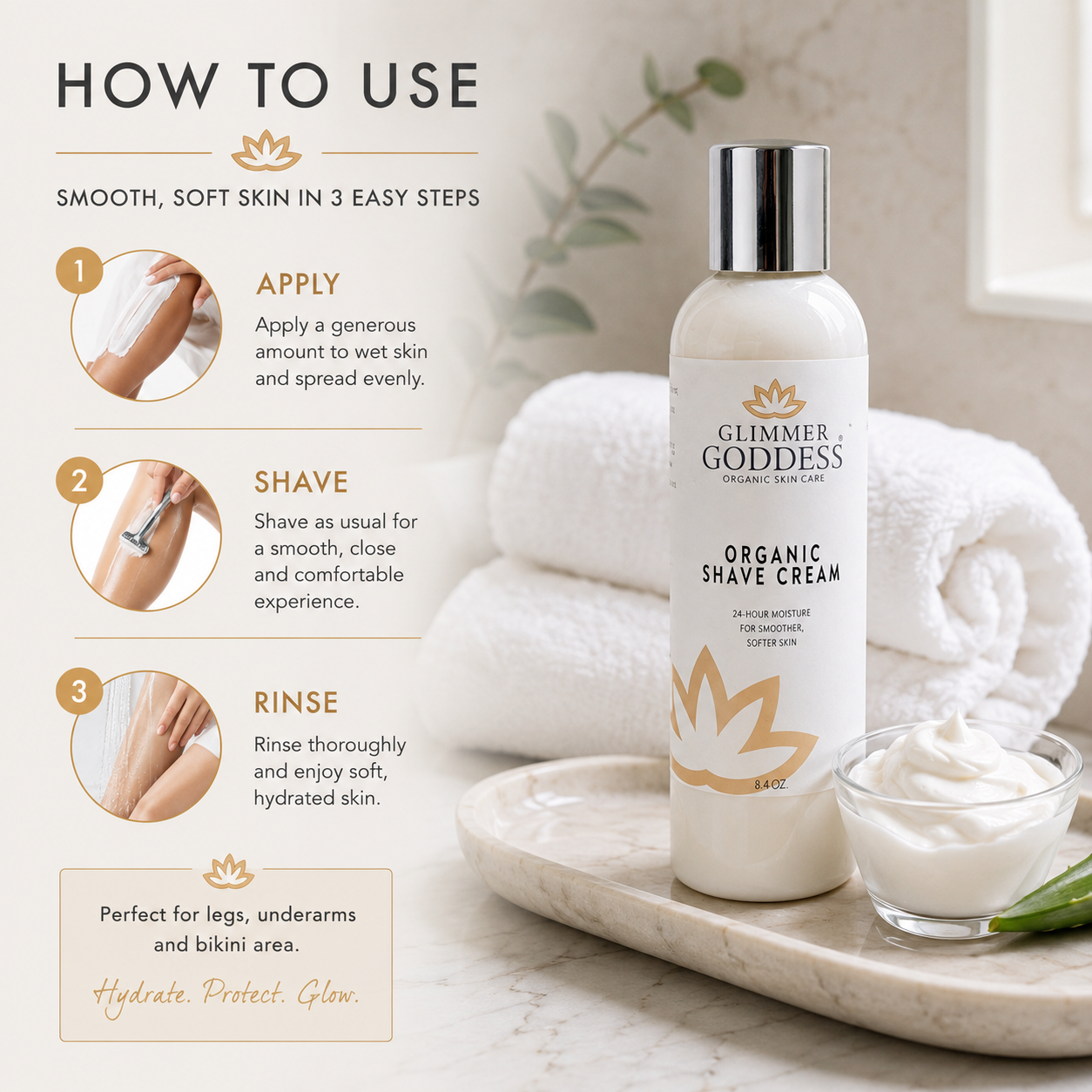 Glimmer Goddess Organic Shave Cream bottle displayed on a marble tray with a small bowl of cream, alongside a towel and instructional usage graphics on the left.