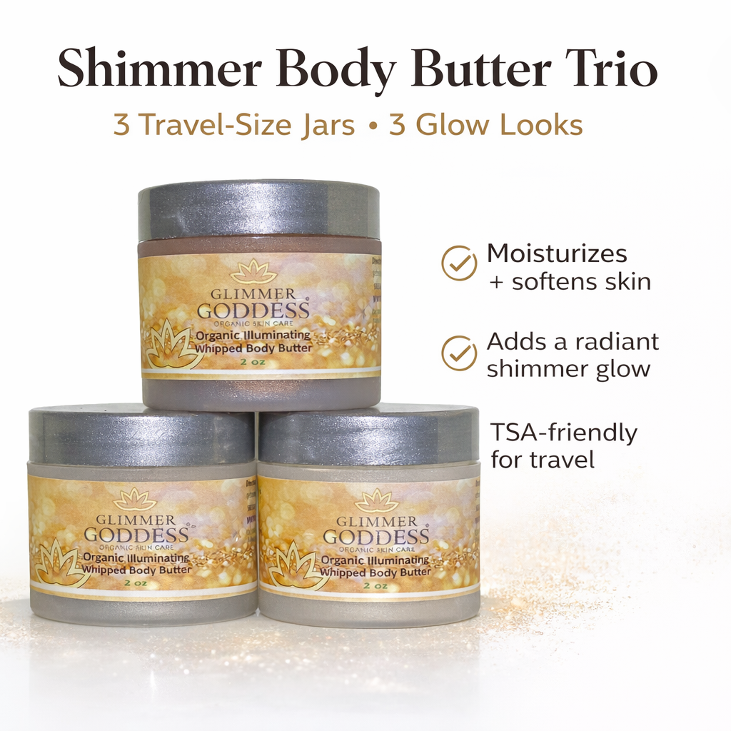 Three 2 oz jars of Glimmer Goddess Organic Shimmering Body Butter Trio, showcasing shimmering textures and natural packaging.