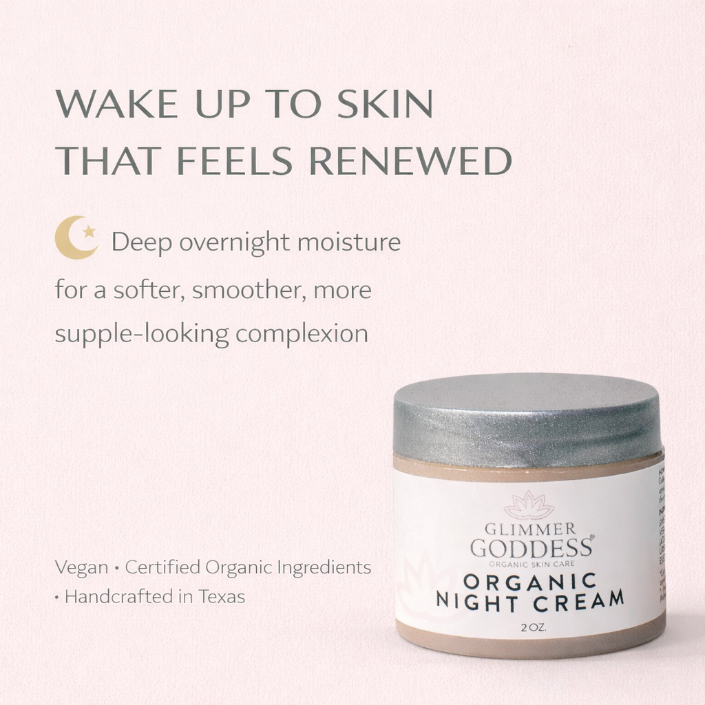 Glimmer Goddess® Organic Skin Renewal Night Cream in 2 oz jar, moisturizing anti-aging treatment with natural ingredients.