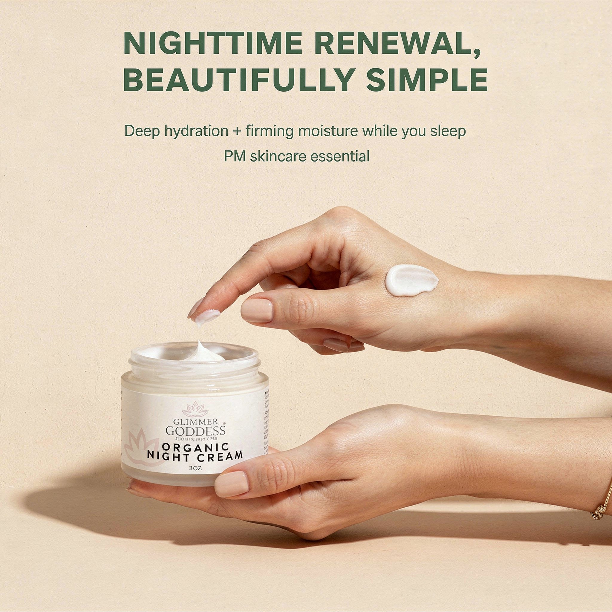 Organic Skin Renewal Night Cream by Glimmer Goddess®, a 2 oz anti-aging moisturizer for revitalized, glowing skin.