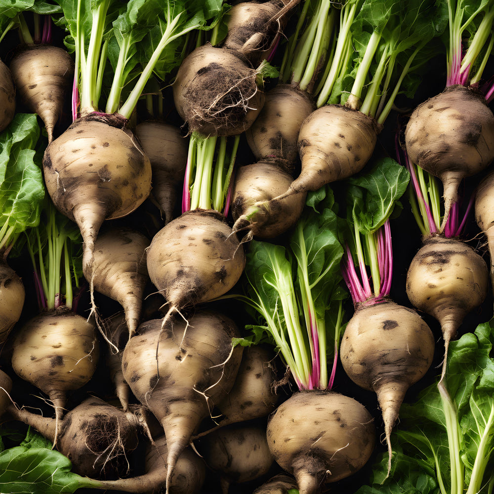 Fresh organic sugar beets with green leaves and soil, ideal for natural skincare ingredients