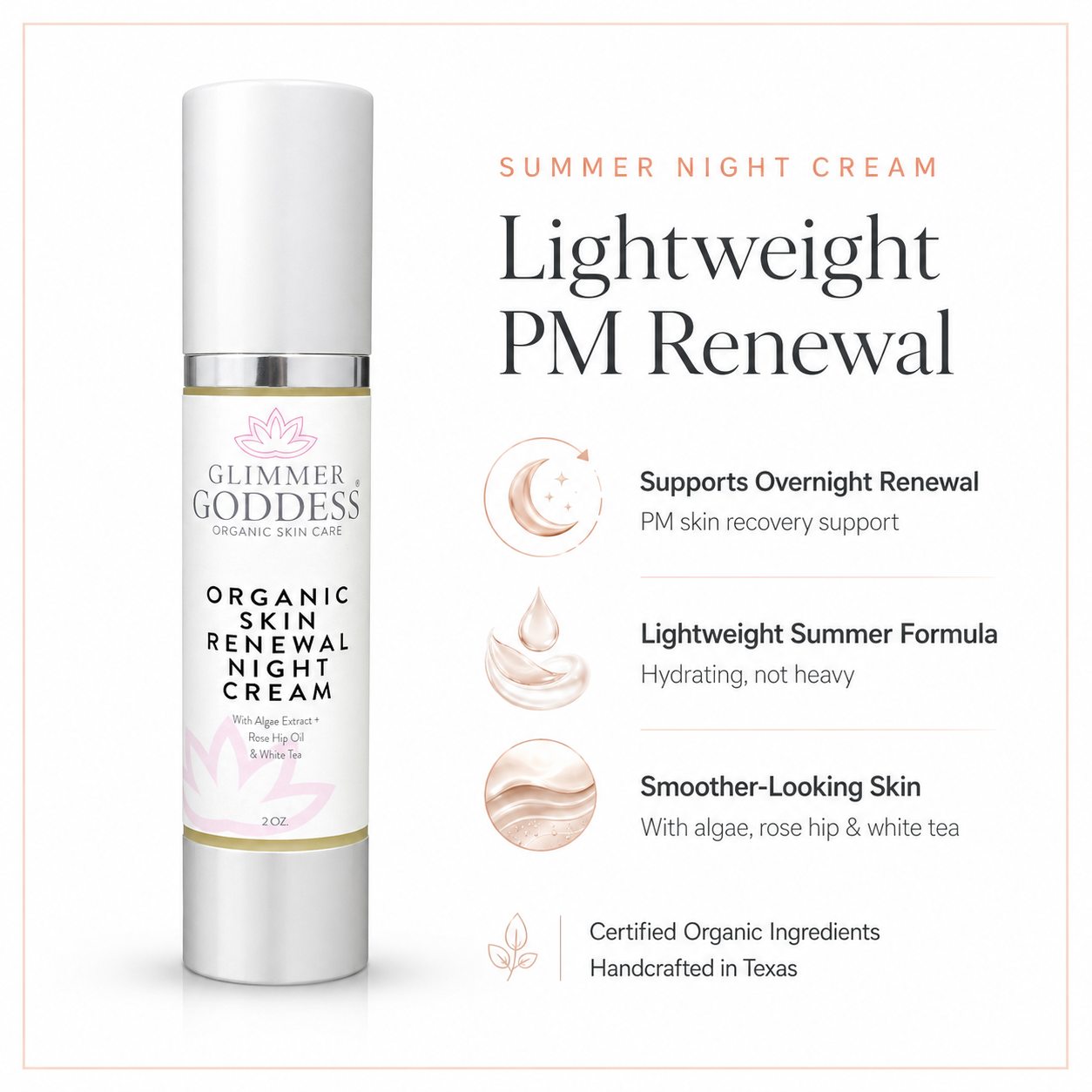 Glimmer Goddess® Organic Skin Renewal Night Cream in 2 oz jar, moisturizing anti-aging cream for glowing skin at night.