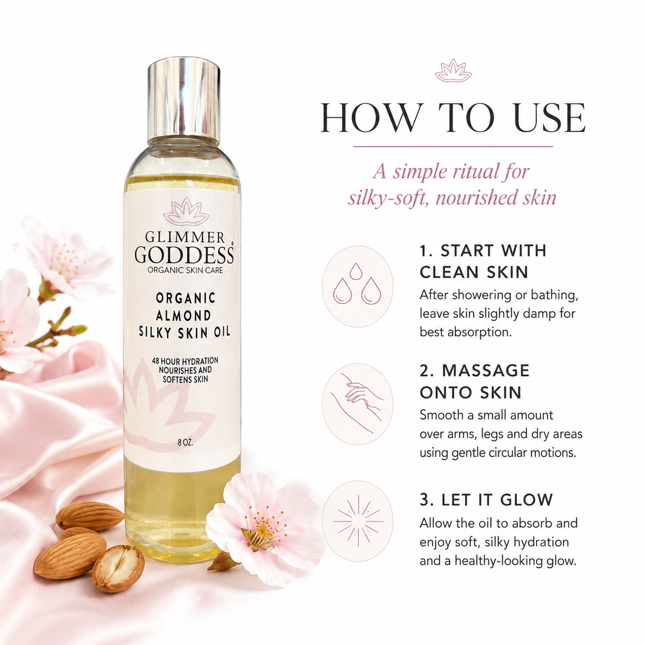 A bottle of Glimmer Goddess Organic Almond Silky Skin Oil shown next to a 'How to Use' guide with almond props on a soft pink background.
