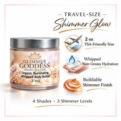 Travel-sized Glimmer Goddess Organic Shimmer Body Butter in 2 oz jar, featuring a smooth, shimmering moisturizer for radiant skin.