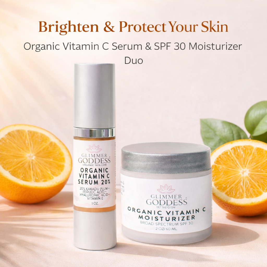 Organic Vitamin C Serum 20% with Kakadu Plum and Organic Vitamin C Moisturizer SPF 30 displayed together on a clean luxury background, highlighting brightening, collagen support, and mineral sun protection in a morning skincare routine handcrafted in Texas.