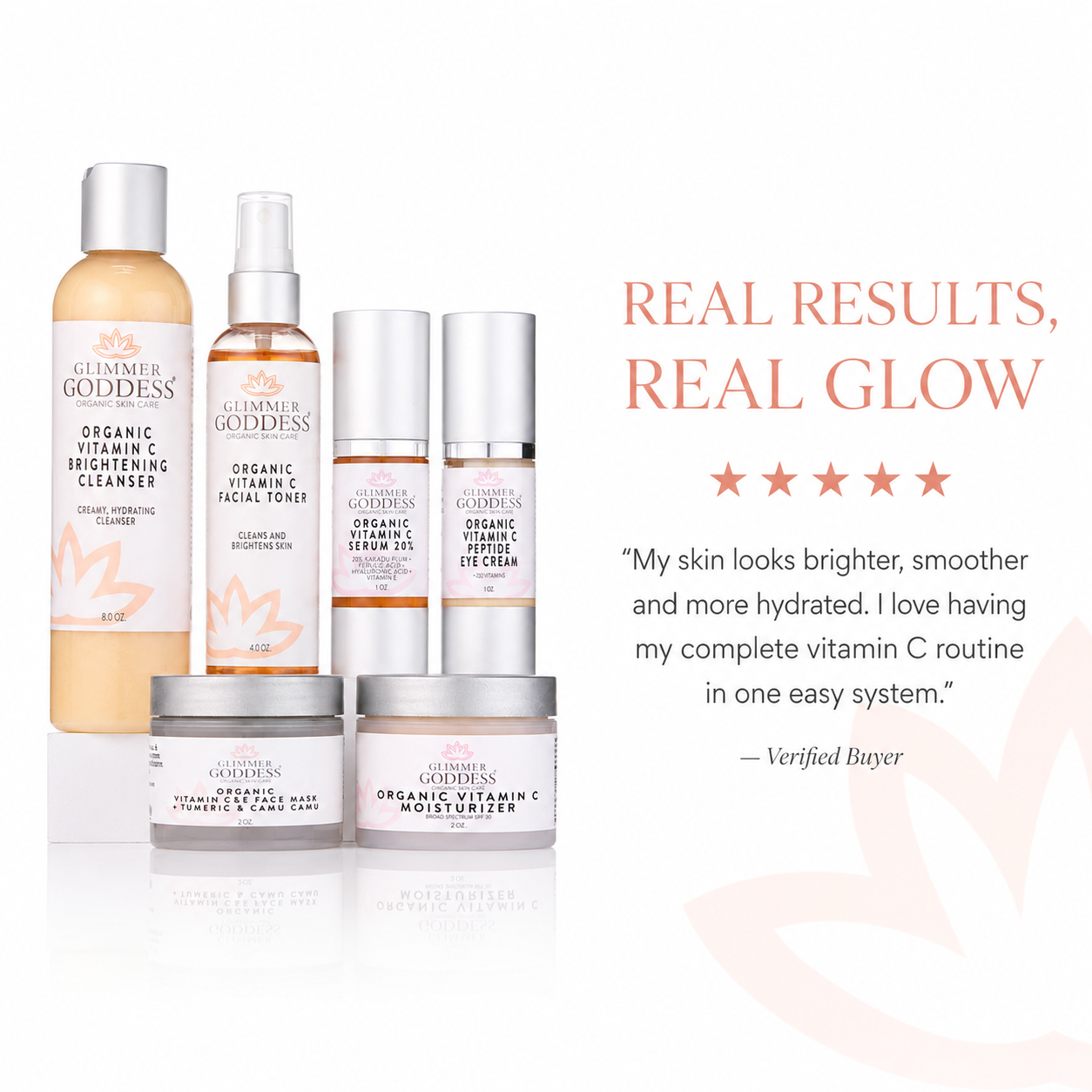 Six Glimmer Goddess skincare products arranged on a white background with promotional text on the right. The products include a cleanser, toner, eye cream, serum, and two moisturizers/jars.