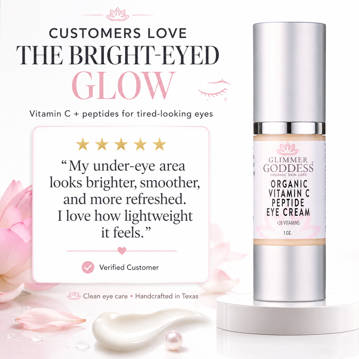 Glimmer Goddess organic vitamin C peptide eye cream with customer testimonial on a white background