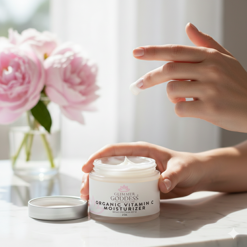 Person holding a jar of 'Glamour Goddess' organic vitamin C moisturizer with pink flowers in the background.