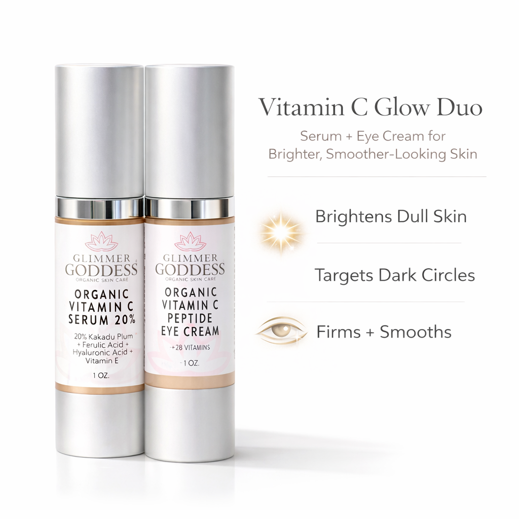 Glimmer Goddess Organic Vitamin C Glow Duo featuring Vitamin C Serum 20% and Vitamin C Peptide Eye Cream on a white background with benefits for brightening dull skin, targeting dark circles, and smoothing skin.