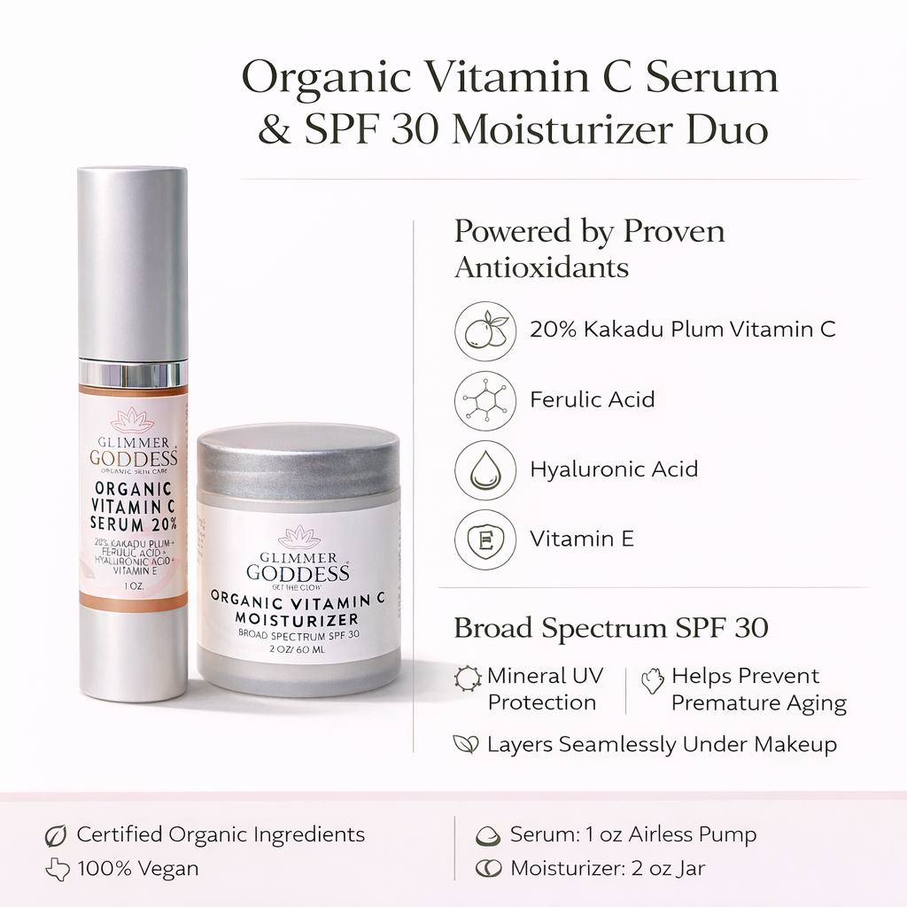 Organic Vitamin C Serum 20% with Kakadu Plum, Ferulic Acid, Hyaluronic Acid, and Vitamin E displayed beside SPF 30 Moisturizer with mineral sun protection, highlighting antioxidant ingredients and clean beauty standards.