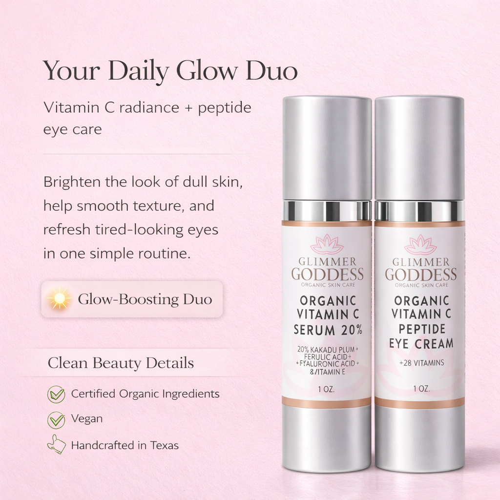 Organic Vitamin C Glow Duo featuring Glimmer Goddess® Vitamin C serum and peptide eye cream for radiant skin and refreshed eyes.