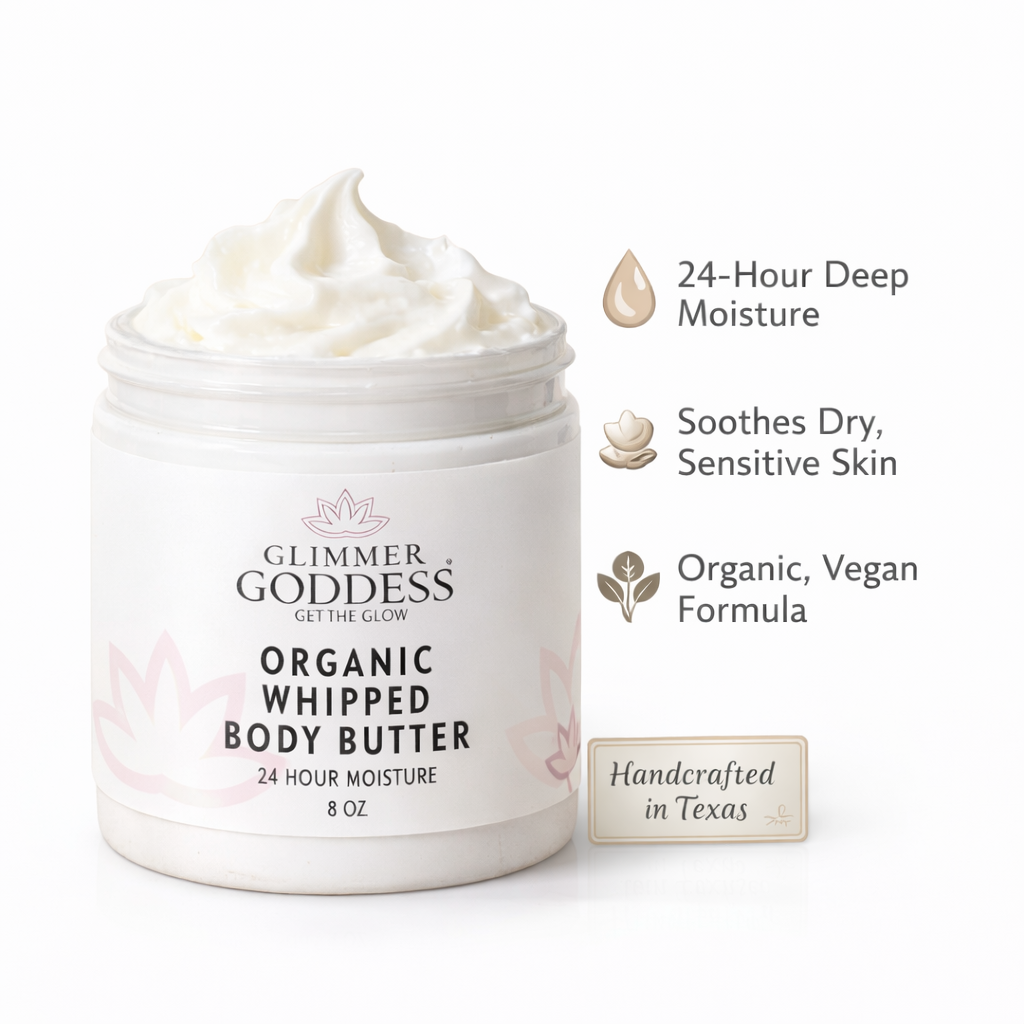 Glimmer Goddess organic whipped body butter jar with product features on a white background