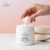 Creamy organic whipped body butter by Glimmer Goddess® for extremely dry skin, shown in a natural skincare setting.