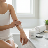 Organic whipped body butter from Glimmer Goddess® Organic Skin Care being applied to dry skin in a natural setting.