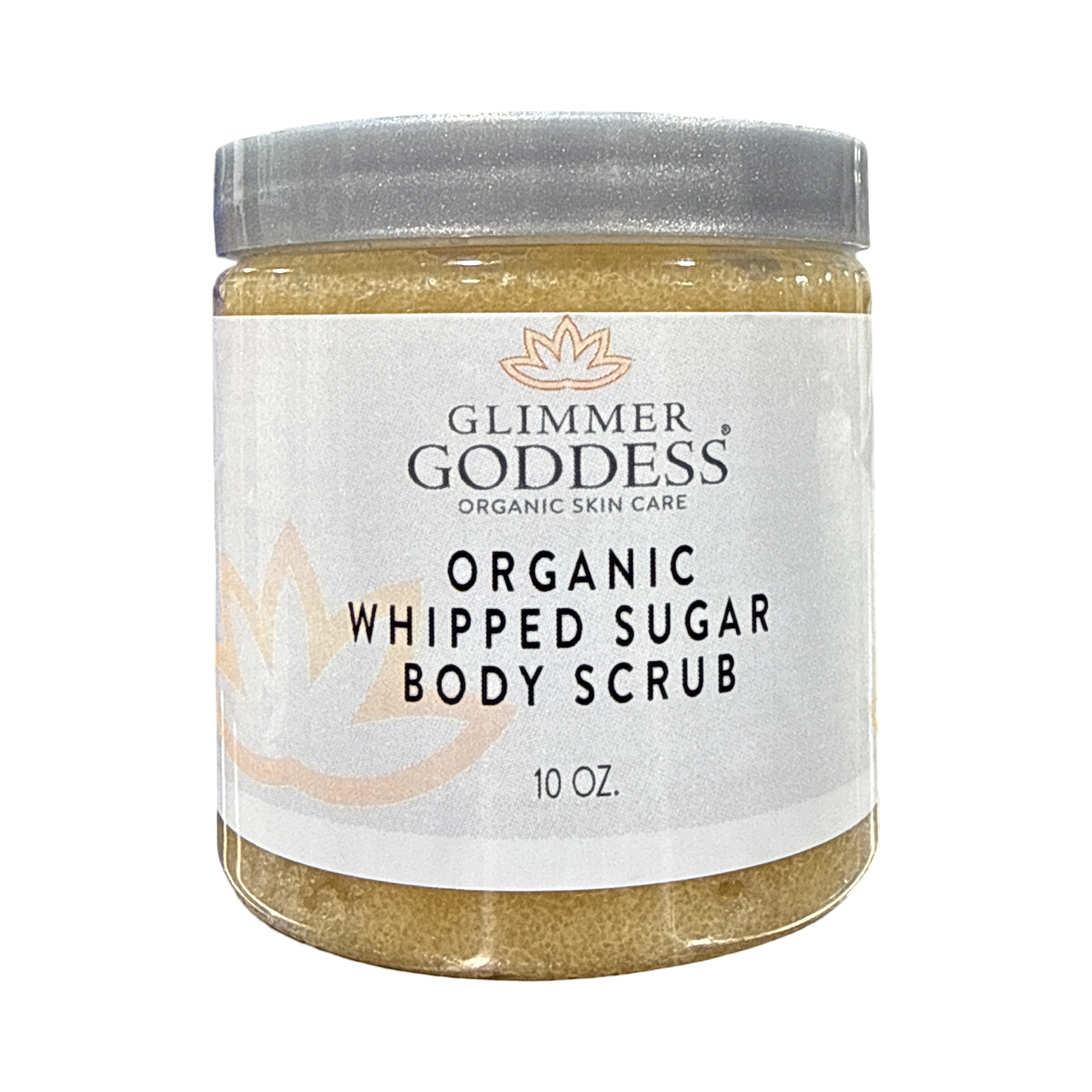 Organic whipped sugar body scrub by Glimmer Goddess® with a new label, exfoliates and treats crepey skin in a 10 oz jar.