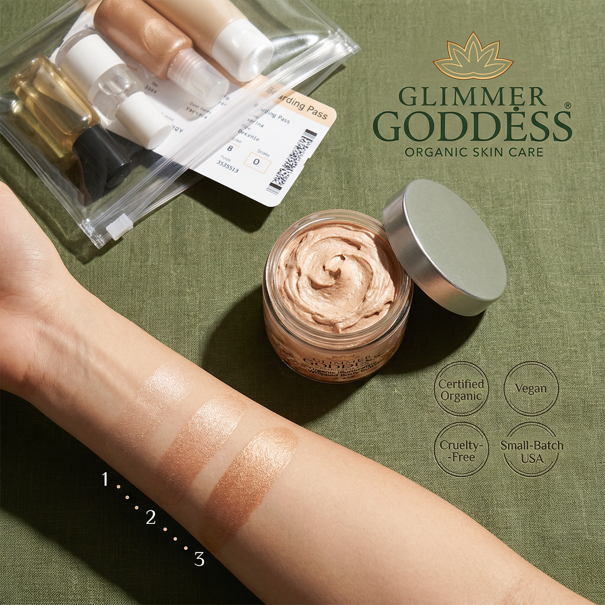 Organic shimmering body butter by Glimmer Goddess in 2 oz travel size, featuring a shimmering glow for radiant skin.