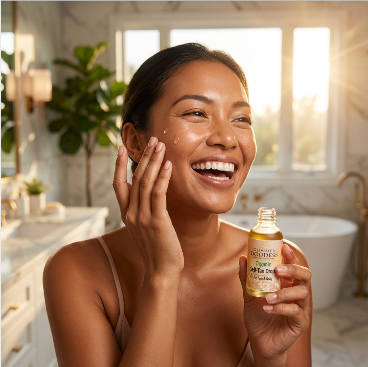 Woman applying sunscreen cream to her face in a bathroom setting