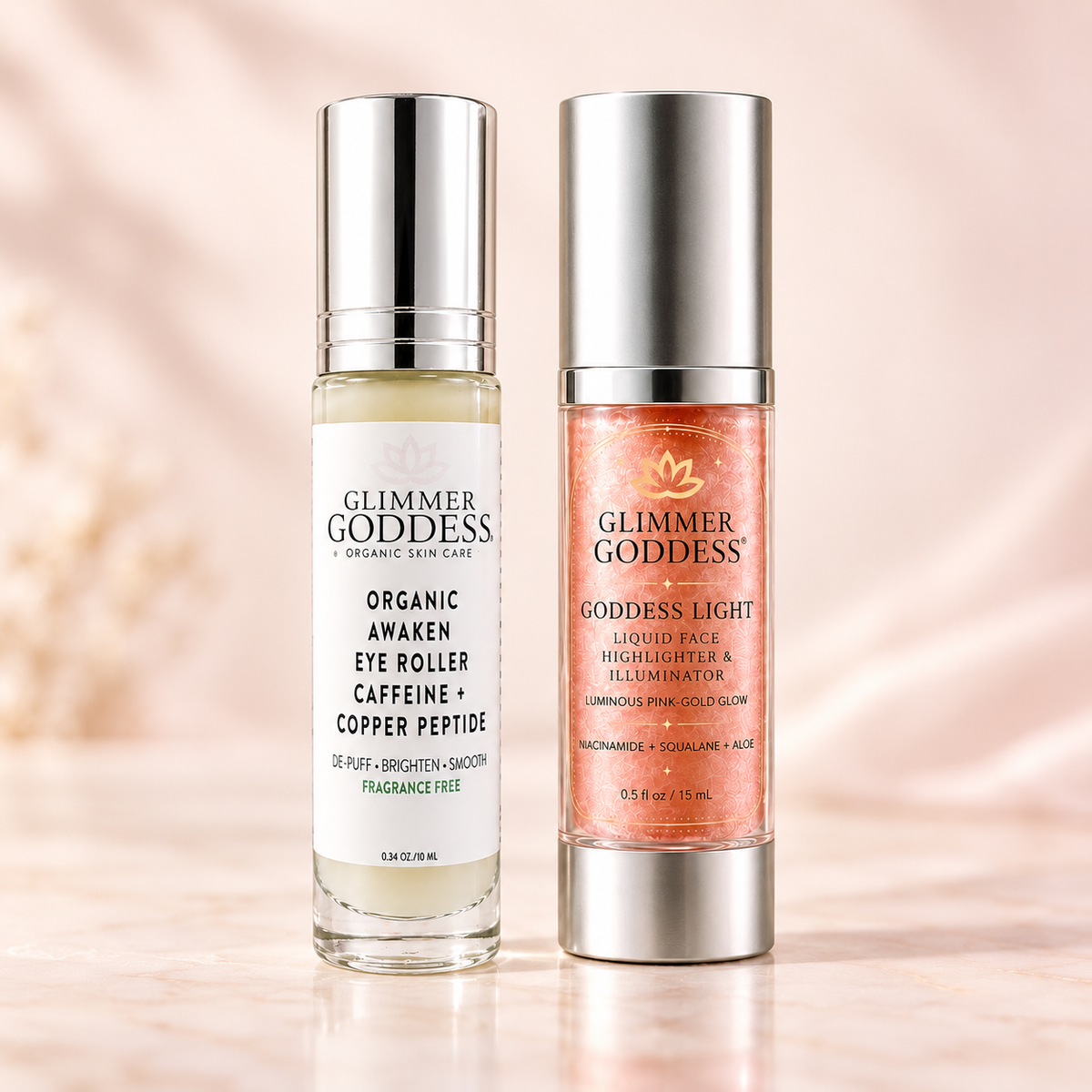 Awaken + Glow Duo with Awaken Under Eye Roller and Goddess Light Liquid Face Highlighter