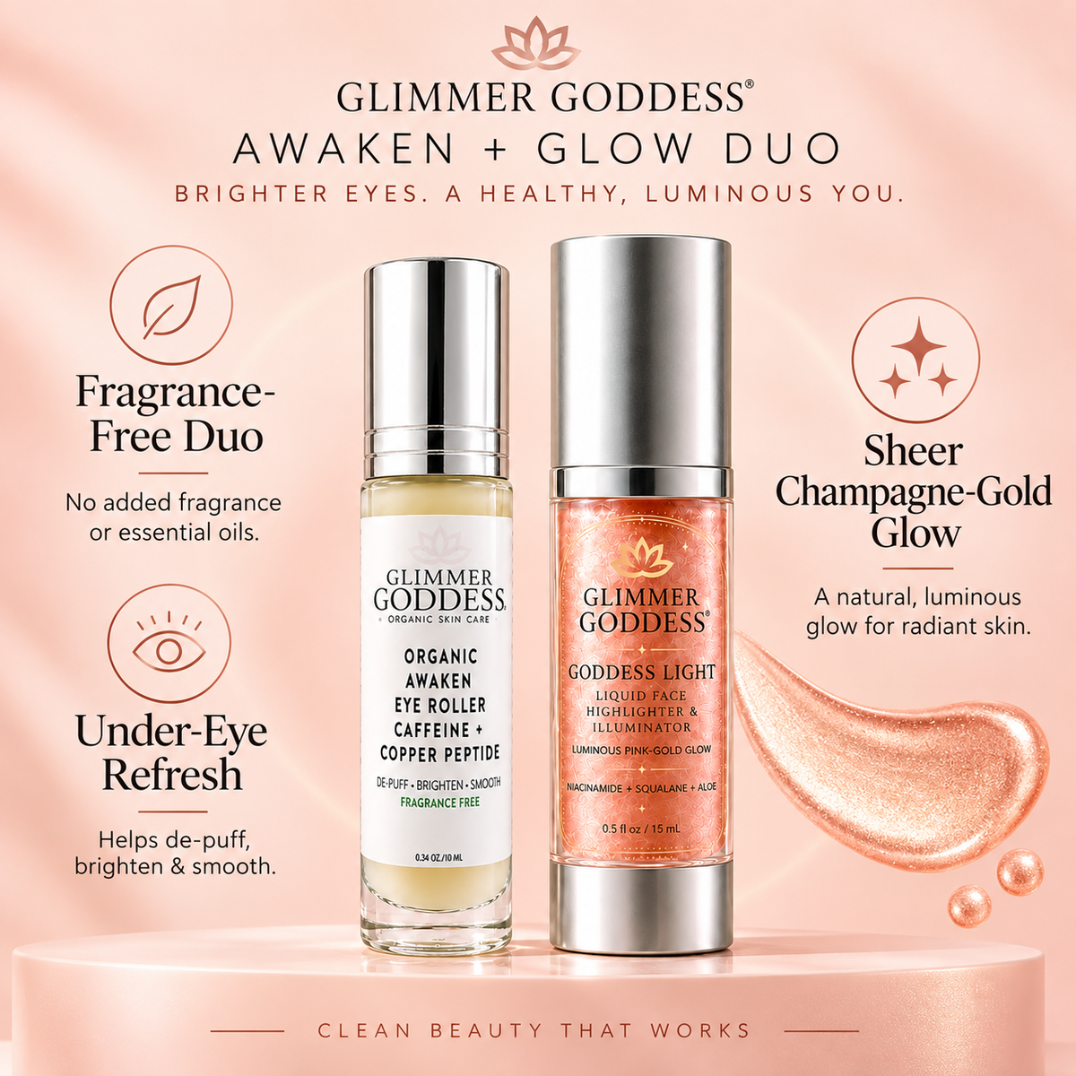 Awaken + Glow Duo benefits: fragrance-free under-eye refresh and champagne-gold glow