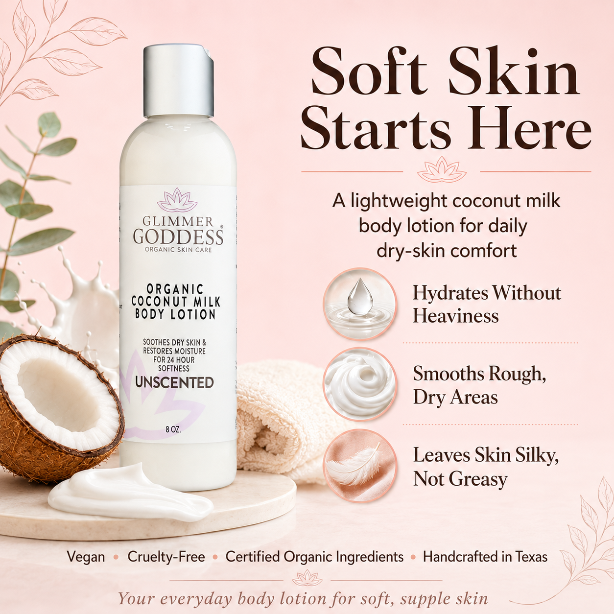 Glimmer Goddess® Organic Coconut Milk Body Lotion special call-out image on a Cotton Candy pink background featuring the 8 oz lotion bottle, coconut accents, and conversion-focused benefits for lightweight hydration, rough dry areas, silky non-greasy moisture, vegan clean beauty, Certified Organic Ingredients, and handcrafted in Texas body care.