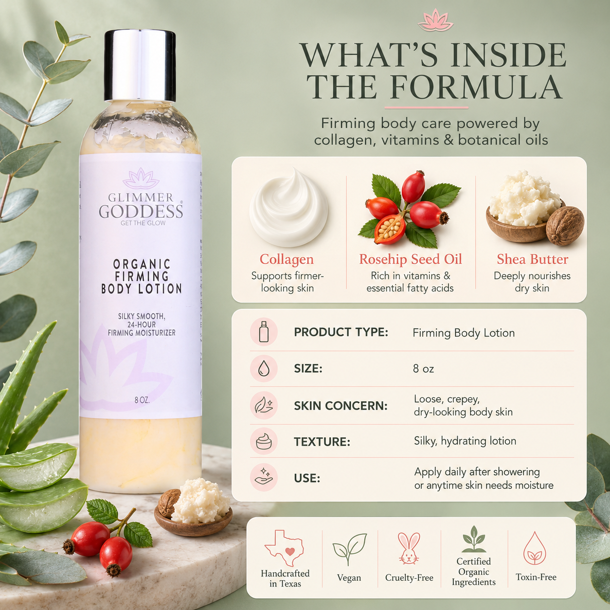 Glimmer Goddess Organic Firming Body Lotion with product details on a green background