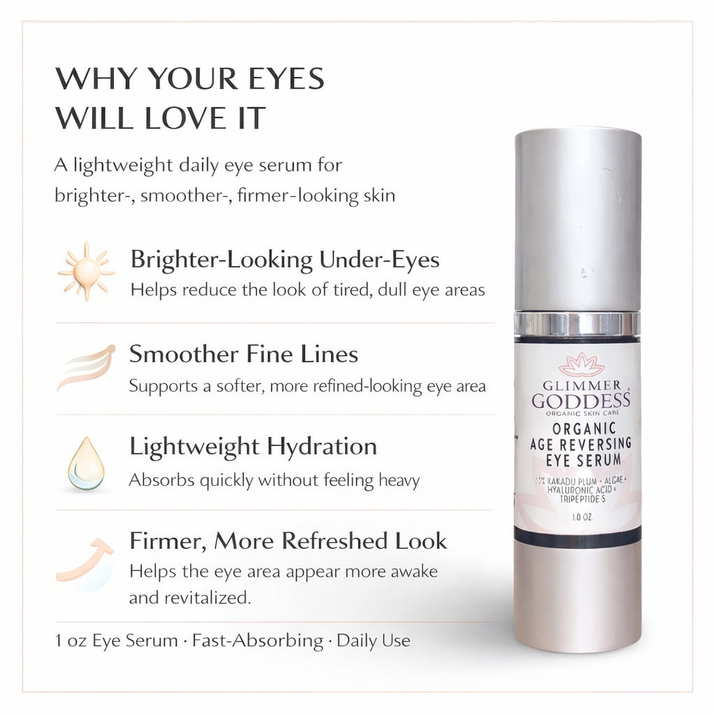 Organic Age Reversing Eye Serum for eyes by Glimmer Goddess® Organic Skin Care, showing the serum bottle with eye area benefits.