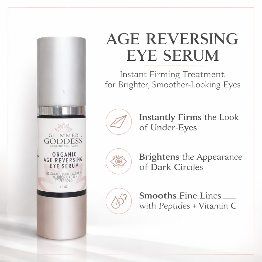 Glimmer Goddess Organic Age Reversing Eye Serum for eyes, featuring a sleek bottle with a dropper and the serum applied around the eye area.